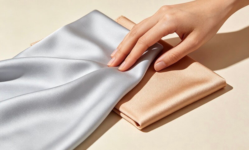 Silk fabric samples being tested for authenticity — burn test and hand-feel comparison