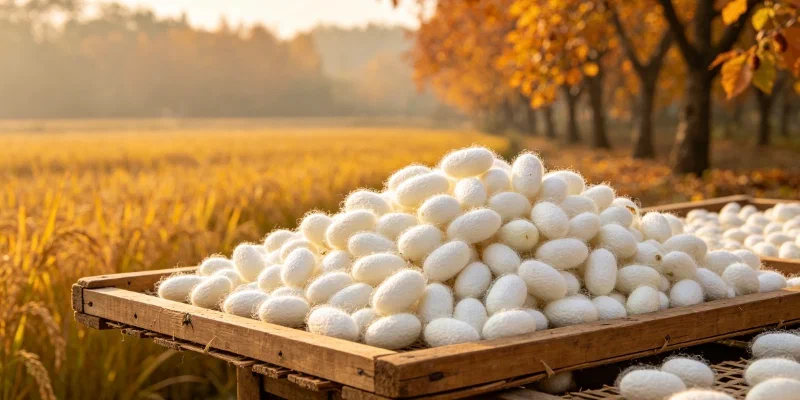 Autumn cocoon harvest in China – cocoons being sorted for reeling quality